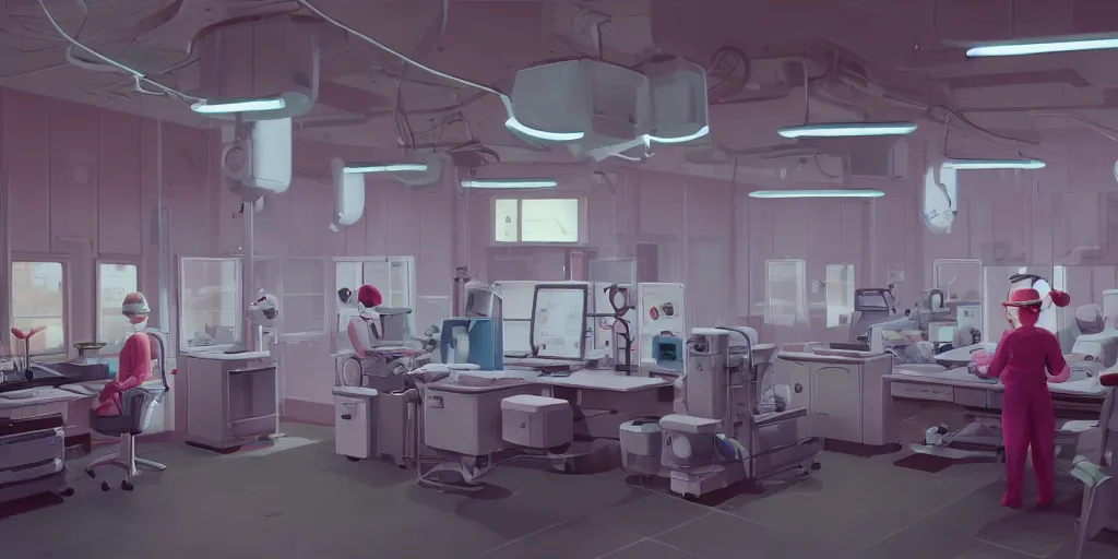 Prompt: interior of a cancer treatment center, close up of a nurse's station, designed by Goro Fujita and Simon Stalenhag, 8k, trending on Artstation, hyper detailed, cinematic