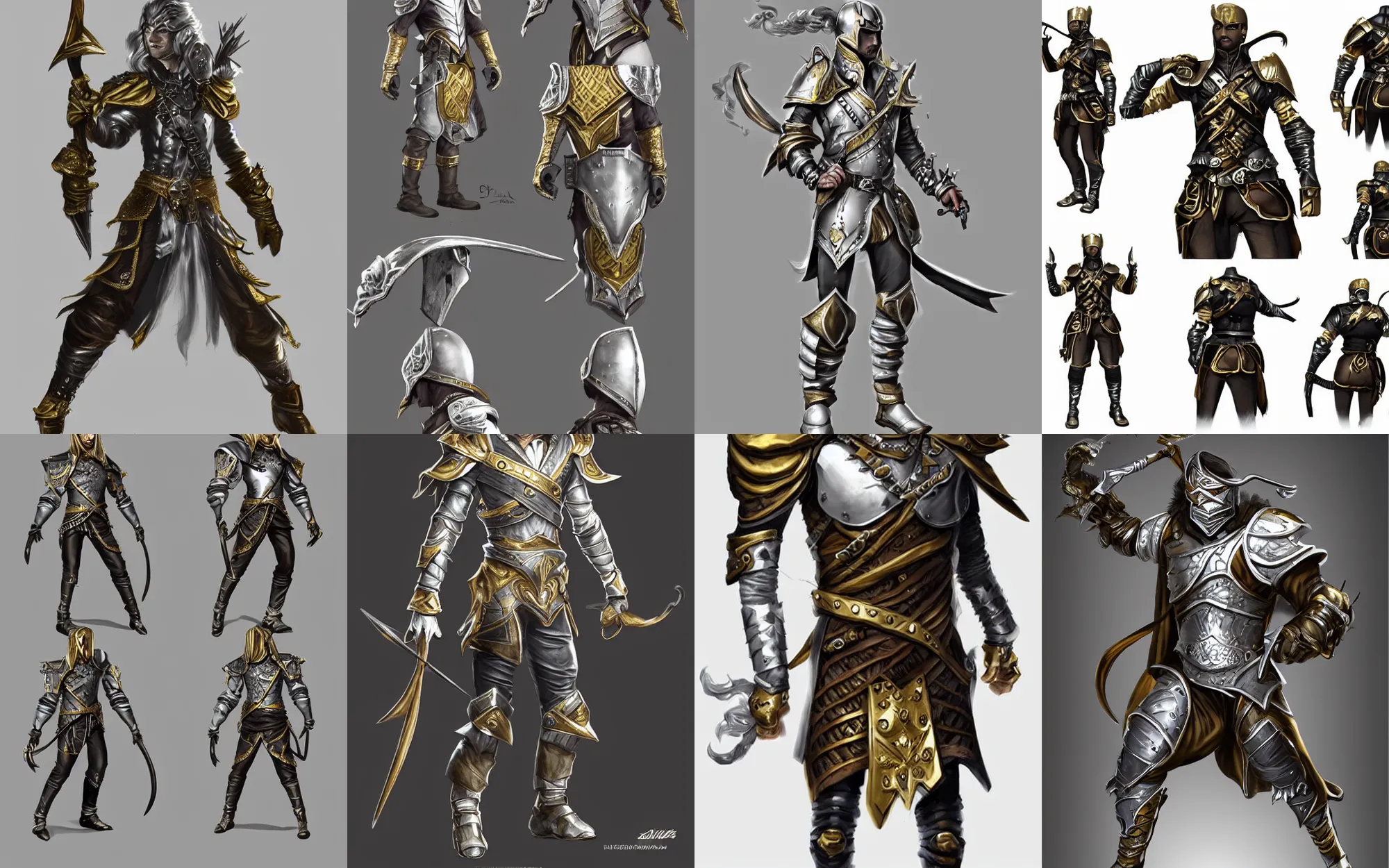 Prompt: very stylish swashbuckler fantasy armor, silver with gold accents, bulky, concept art, trending on artstation