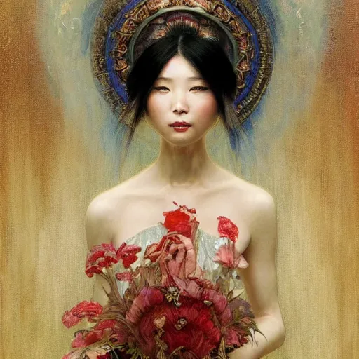 Image similar to A portrait of The bride in a Chinese wedding by Ross Tran!!! and alphonse mucha and greg rutkowski! and Gustave Doré!! and Zdzisław Beksiński!,In style of Impressionism.Symmetry.Highly detailed face.Fantasy,smooth,hyper detailed,sharp focus,Soft light.trending on artstation.oil on canvas