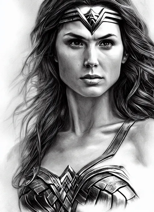 Prompt: realistic portrait pencil sketch of wonder woman, old mystic ruins, afternoon, intricate, elegant, highly detailed, digital painting, sharp, focus, by artgerm and greg rutkowski