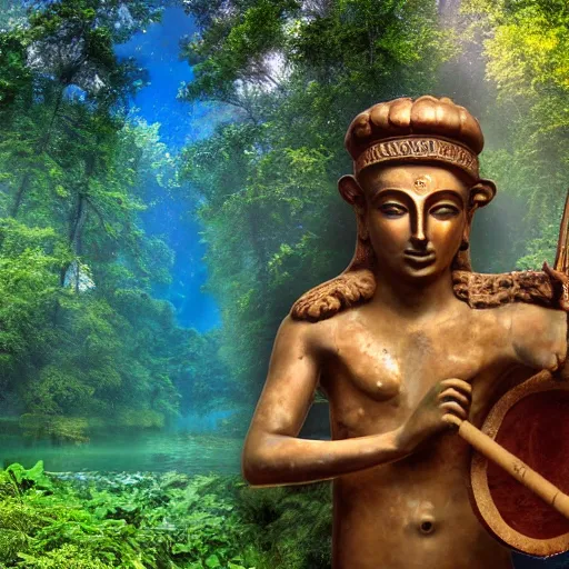 Prompt: ancient god pan with flute in forest glade with pansexual flag in the background pools of water wide angle realistic photograph