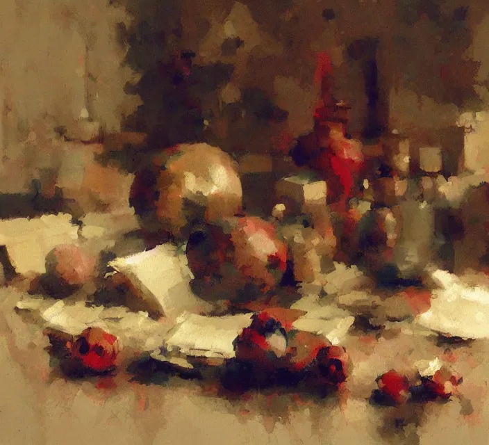 Image similar to a beautiful still life painting by Craig Mullins
