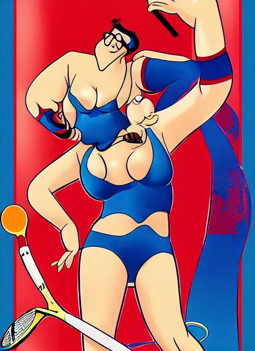 Prompt: a pin - up poster of peter griffin in the style of hajime sorayama, seductively playing tennis in a swimsuit