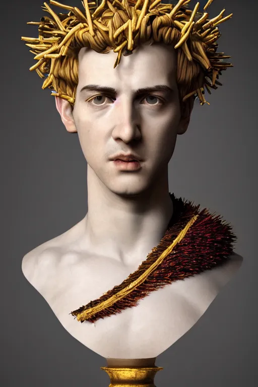 Image similar to a realistic porcelain full-head baroque style bust of handsome young Spanish brunette prince with a spiky hair and a crown made of colored pipecleaners, suspended in outer space, photorealism, octane render, depth of field, 8k, 35mm, artgem, Trending on artstation, padding above head