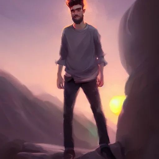 Image similar to young man with a light beard, beautiful sunset, high definition, concept art, digital painting, art station, sharp focus, art by Bowater and Charlie