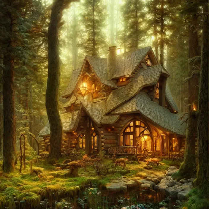 Image similar to cozy cabin in an ancient forest , diffuse lighting, fantasy, intricate, elegant, highly detailed, lifelike, photorealistic, digital painting, artstation, illustration, concept art, smooth, sharp focus, art by John Collier and Albert Aublet and Krenz Cushart and Artem Demura and Alphonse Mucha