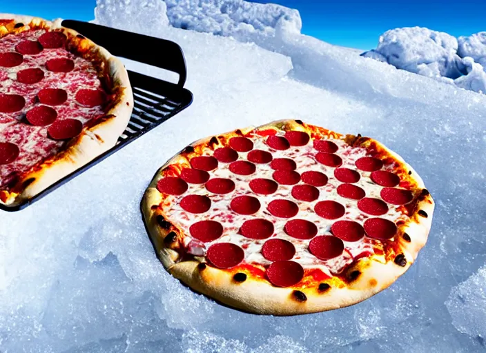 Image similar to clear highly detailed photorealistic food photograph of a pizza half stuck frozen in an ice cube with salami pepperoni lying in the snow, skiers in the background