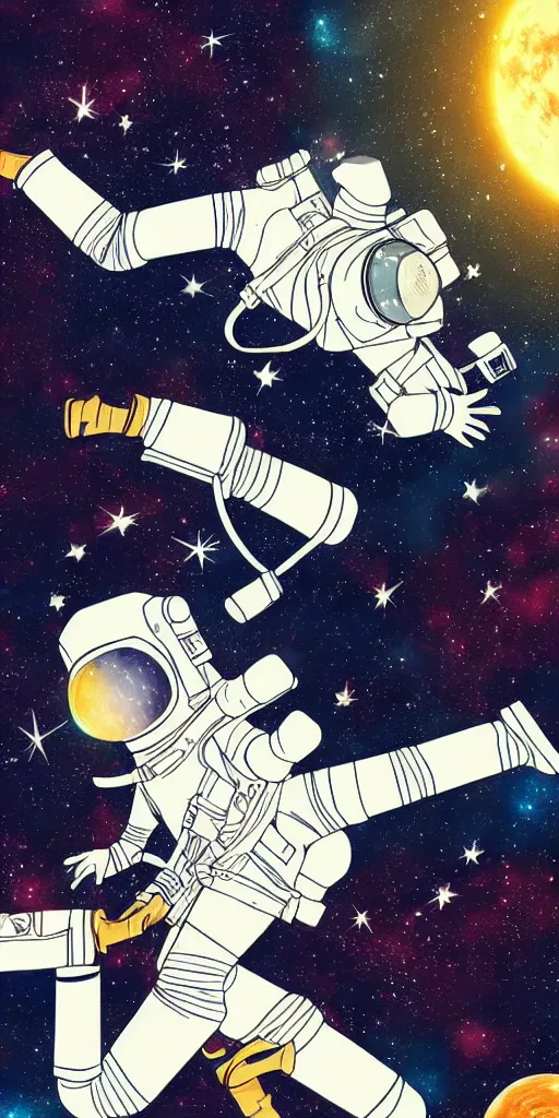 Image similar to female astronaut floating through space, liminal, lonely, highly detailed, trending on art station, anime wallpaper