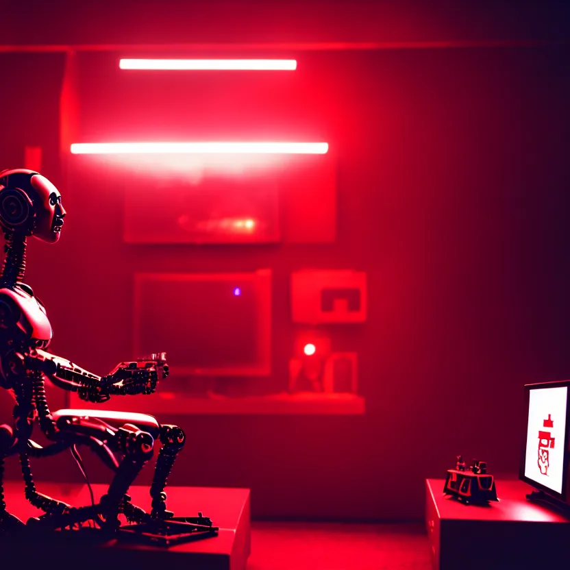 Prompt: a film shot of a robot playing video games, cool, red, photo, realistic, hd, intricate details, cyberpunk, dark, horror, award - winning cinematic lighting, 3 5 mm