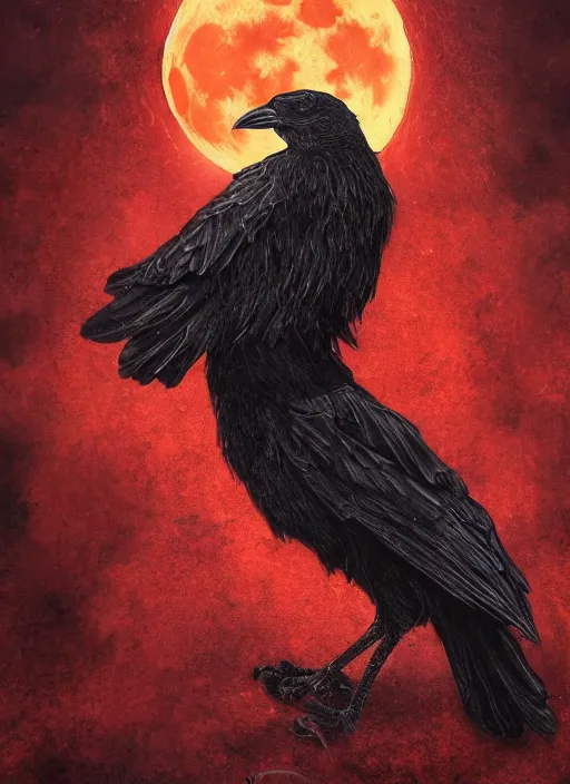 Image similar to red and golden color details, portrait, A crow with red eyes in front of the full big moon, book cover, red details, red white black colors, establishing shot, extremly high detail, foto realistic, cinematic lighting, by Yoshitaka Amano, Ruan Jia, Kentaro Miura, Artgerm, post processed, concept art, artstation, raphael lacoste, alex ross, portrait, A crow with red eyes in front of the full big moon, book cover, red roses, red white black colors, establishing shot, extremly high detail, photo-realistic, cinematic lighting, by Yoshitaka Amano, Ruan Jia, Kentaro Miura, Artgerm, post processed, concept art, artstation, raphael lacoste, alex ross