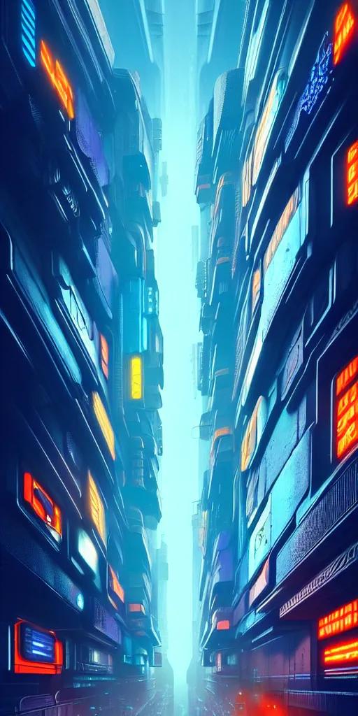 Image similar to epic cyberpunk cityscape, blue and orange tones : : blade runner, james guilleard, beeple, laurie greasley, dan mcpharlin : : ornate, dynamic, particulate, rich colors, intricate, elegant, highly detailed, centered, artstation, smooth, sharp focus, octane render, 3 d