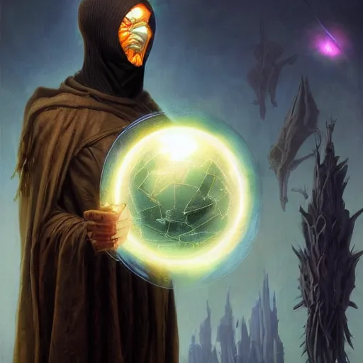 Image similar to rogue masked male wearing a cloak on an alien world and holding a holographic planet projection in his hand, detailed, sci - fi, digital painting, artstation, sharp focus, illustration, artgerm, tomasz alen kopera, peter mohrbacher, donato giancola, joseph christian leyendecker, wlop, frank frazetta