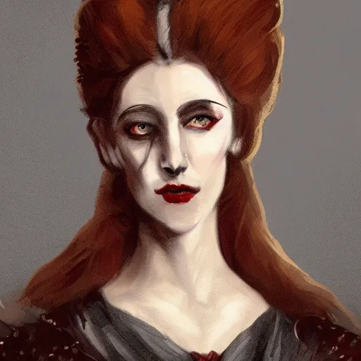 Image similar to head and shoulder professional portrait of a victorian female vampire, painted in the style of bloodborne, muted colors, vampire fashion, highly detailed, melancholy, vampire teeth