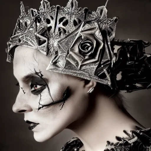 Image similar to skull queen with an origami crown, hints of silver jewelry, gothic, eerie, intricate detail, dramatic lighting, mist, grey, 8k