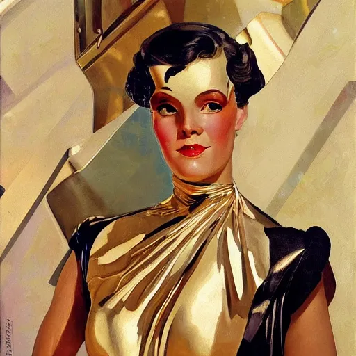 Image similar to closeup painting of uncannily beautiful aristocrat wearing latex and bronze catsuitand face paint inside bronze art deco arcology, science fiction by j. c. leyendecker