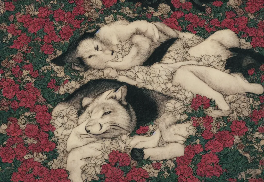 Image similar to chiaroscuro portrait of one single wolf cub sleeping in a bed of flowers, in the center of the picture by gharliera and takato yamamoto + anime, japanese kappademon + insane details wow high octane render