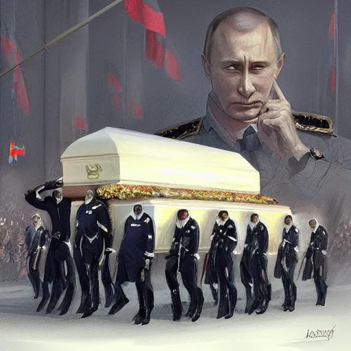 Image similar to putin funeral, death, coffin, portrait, highly detailed, full body, digital painting, trending on artstation, concept art, sharp focus, illustration, art by artgerm and greg rutkowski and magali villeneuve