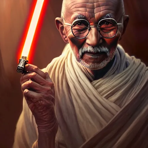 Image similar to a photorealistic portrait of ghandi as a jedi in star wars cinematic lighting, photorealistic, octane render, 8 k, depth of field, 3 d, art by artgerm and greg rutkowski and alphonse mucha and uang guangjian and gil elvgren and sachin ten