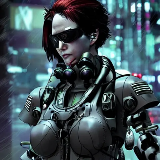 Image similar to cyberpunk military mafia woman with cybernetic arm, Yoji Shinkawa