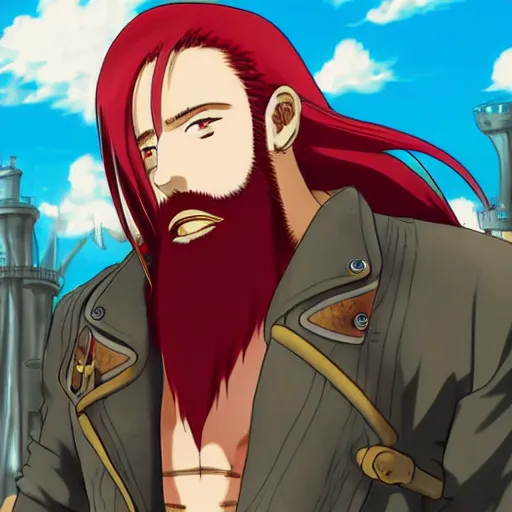 Prompt: male sky-pirate with long red hair and beard in front of a steampunk airship, full metal alchemist, anime style