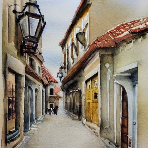 Image similar to street in an old european town , very beautiful award-winning watercolor painting by a very talented artist, extremely detailed