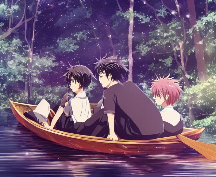 Image similar to anime key visual of a boy with black hair anime and girl, with long auburn hair, anime sitting together on one single long wooden rowboat. Romantic. Girl has auburn hair. Boy has short black hair. Boy and girl. Boy and girl. Narrow river in a forest, rocky shore, trees, shady, blue waters, ripples, waves, reflections, details, sharp focus, illustration, by Jordan Grimmer and greg rutkowski, Trending artstation, pixiv, digital art