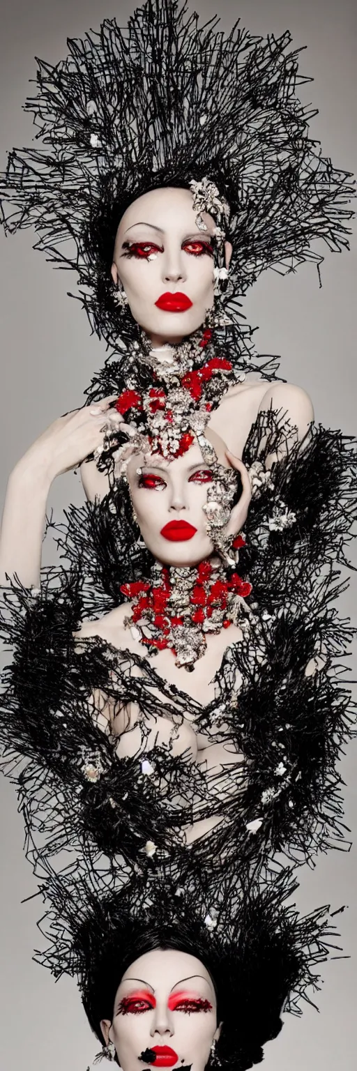 Image similar to a photograph of a woman with dark make-up around her eyes and red lipstick with slicked-back black hair wearing an outrageous Alexander McQueen mesh face jewelry across her face, encrusted with hanging beads and diamonds, haute couture, high fashion, Eiko Ishioka