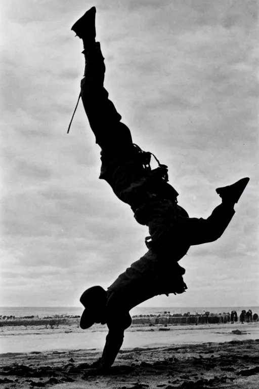 Image similar to historical ww 2 photograph of'pauly shore '!!! doing a handstand on d - day invasion of normandy