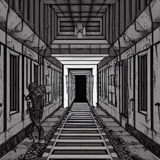 Image similar to a terrifying dark hallway with many doors and many stairs, impending doom, horror, Mc Escher architecture, epic composition, anime key visual