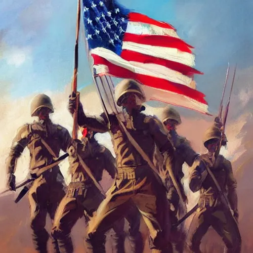 Image similar to greg manchess painting of a propganda poster of a group of soldiers raising the american flag, painting, trending on artstation, by huang guangjian and gil elvgren and sachin teng