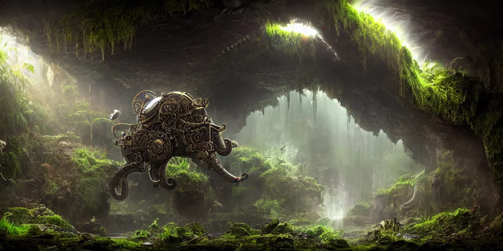 Prompt: magnificent mechanical steampunk elephant looking eerily into a cave entrance with lush vegetation and mystical (((glowing algae))) in the dawn, light coming through from holes in the ceiling, waterfalls, desaturated, creepy ambiance, dangerous, sharp focus, highly detailed, artgerm