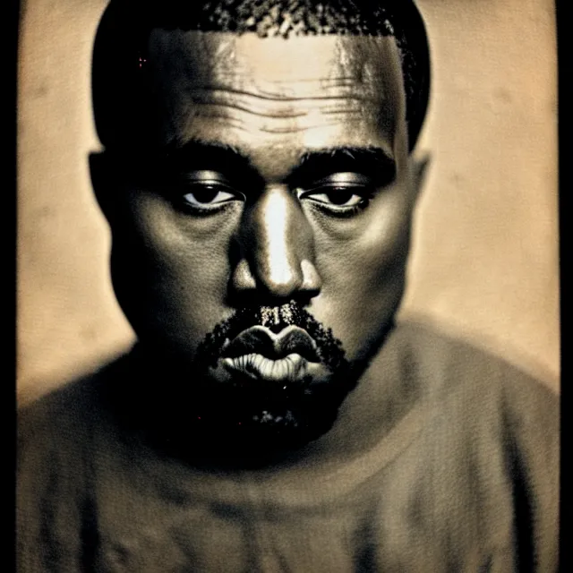 Image similar to a vintage photograph of Kanye West by Julia Margaret Cameron, portrait, 40mm lens, shallow depth of field, split lighting