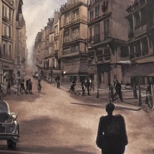 Image similar to a typical Parisian street of the future, in the foreground a man and a woman from behind, in the back at the bottom of the street a spaceship destroying buildings, American blockbuster style, multiple details