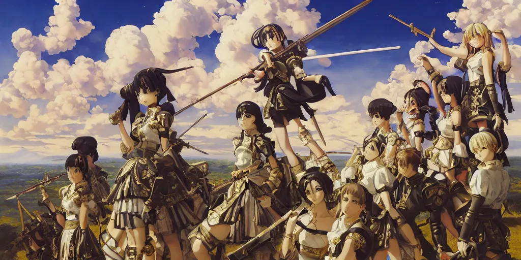 Image similar to baroque acrylic painting of key visual concept art, anime maids in crusade battlefield with early tanks, brutalist fantasy, rule of thirds golden ratio, fake detail, trending pixiv fanbox, palette knife, style of makoto shinkai ghibli takashi takeuchi yoshiyuki sadamoto jamie wyeth james gilleard greg rutkowski chiho aoshima