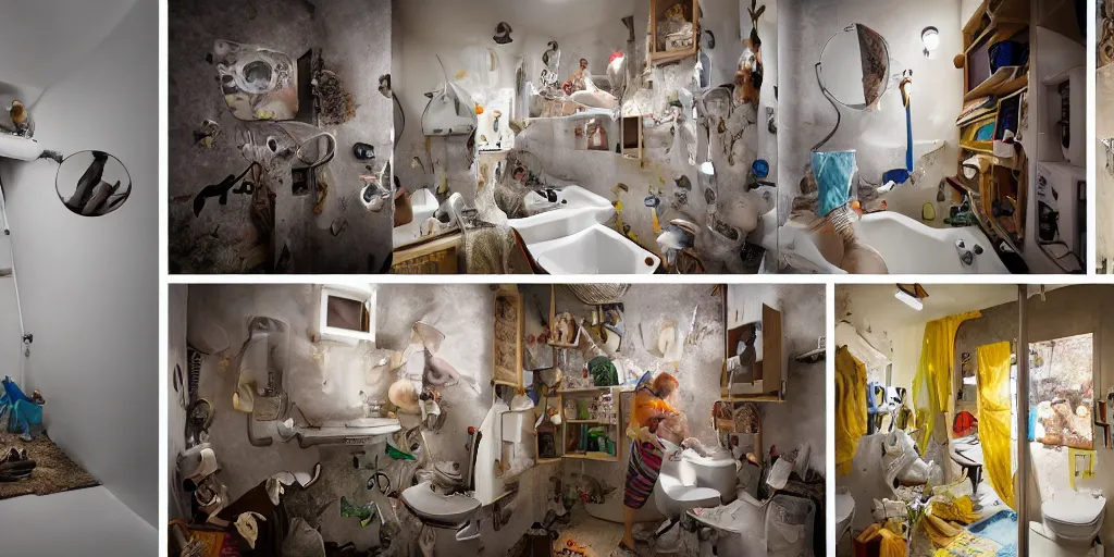 Image similar to society of mice build a utopia in an apartment bathroom, digital photography, wild angle lens, nat geo award winner