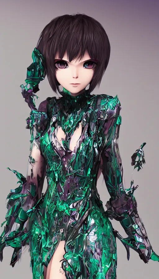 Image similar to render beautiful 3 d anime woman with short silver hair, blue eye and green eye, black tribal dress, highly detailed, trending on artstation, blender, cinematic color grading