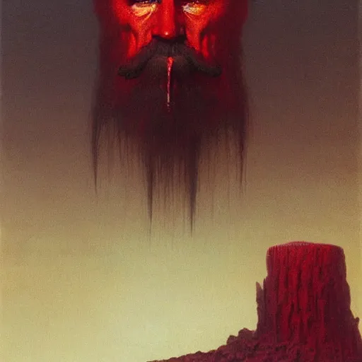 Prompt: Angry Bearded Prospector portrait, dark fantasy, red and gold, artstation, painted by Zdzisław Beksiński and Wayne Barlowe