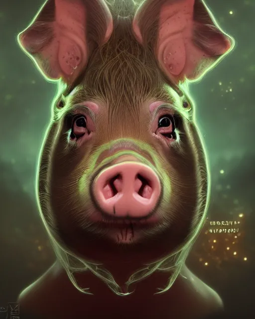 Prompt: portrait of a cute female pig, bioluminescent, veins, horror, scared, highly detailed, digital painting, cinematic, hyperrealism, dark retrowave, art by stanley lau and artgerm and magali villeneuve and alphonse mucha, artstation, octane render, cgsociety