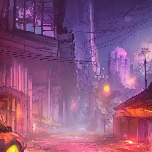 Image similar to digital art of abandoned overgrown city at night, artstation, colorful