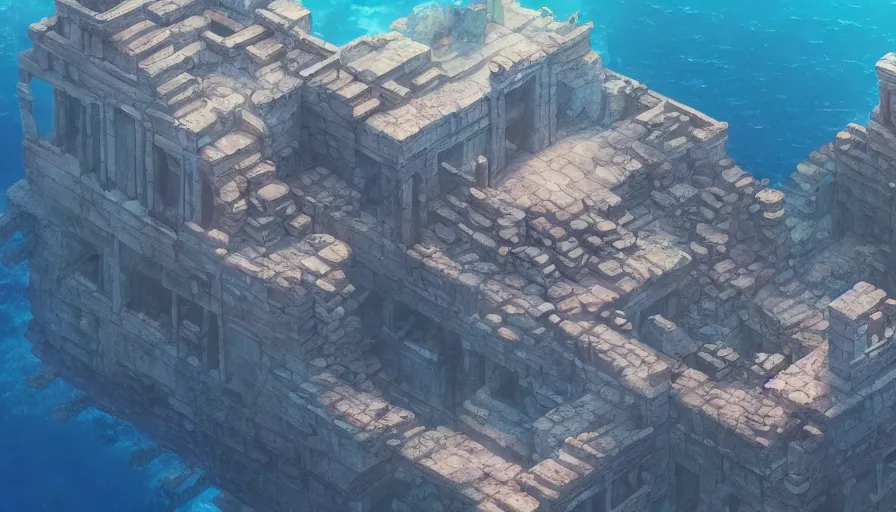 Image similar to A highly detailed matte painting of the ancient civilzation ruins at the bottom of the ocean by Studio Ghibli, Makoto Shinkai, by Artgerm, by beeple, volumetric lighting, octane render, 4K resolution, trending on artstation, masterpiece