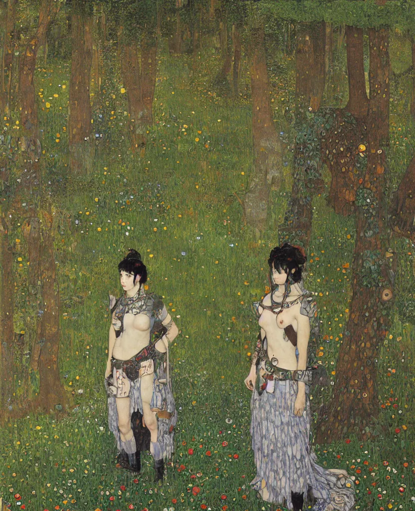 Image similar to portrait of fierce Princess Mononoke, fully clothed in armor, lush forest landscape, painted by Gustav Klimt, norman rockwell, james gurney, denoised, sharp, architectural