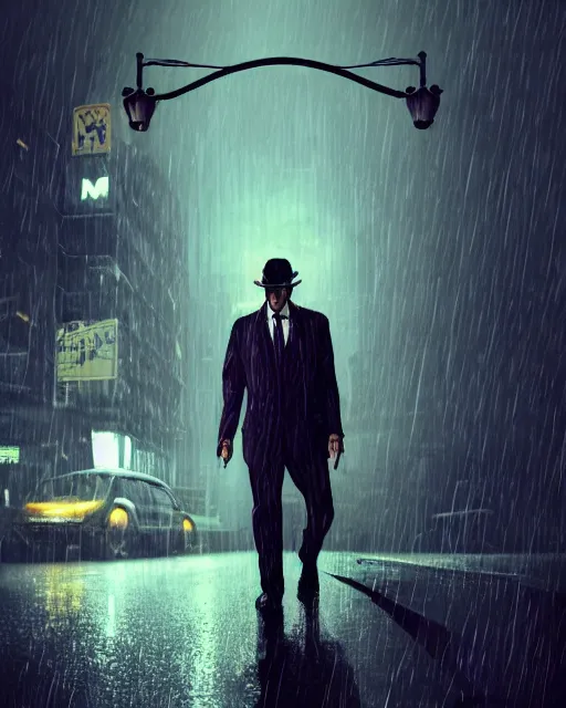 Prompt: a mysterious rugged man in a pinstripe suit holding a pistol in one hand and a briefcase in the other. Raining, street lamps, stormy, atmospheric lighting, mysterious, gloomy. By Makoto Shinkai, Stanley Artgerm Lau, WLOP, Rossdraws, James Jean, Andrei Riabovitchev, Marc Simonetti, krenz cushart, Sakimichan, D&D trending on ArtStation, digital art.