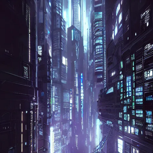 Image similar to Fully dark cyberpunk city with one building in the middle with only one window shining in style of Tsutomu Nihei. ArtStation, Cyberpunk, Vertical Symmetry, 8K, Highly Detailed, Intricate, Album Art.