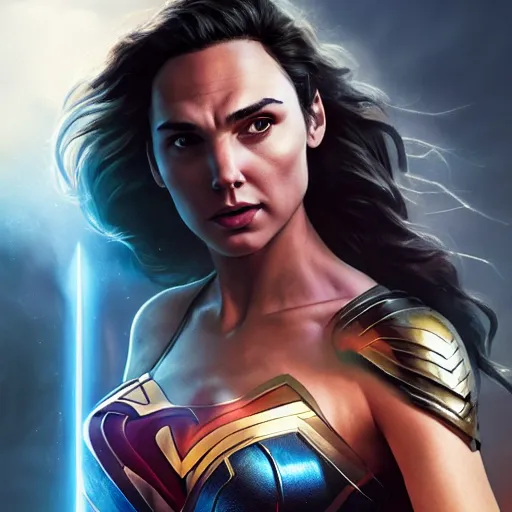 Image similar to a potrait of Gal Gadot as Kryptonian with full armory by Greg Rutkowski, Sung Choi, Mitchell Mohrhauser, Maciej Kuciara, Johnson Ting, Maxim Verehin, Peter Konig, Zack Snyder, 8k photorealistic, cinematic lighting, HD, high details, dramatic, trending on artstation, full body shot