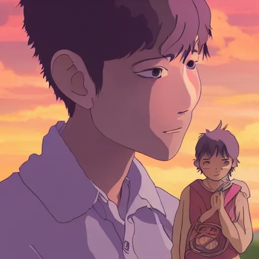 Image similar to friendly guy and small creature , with Fragile looking character portrait face made by Studio Ghibli highly detailed art, beautiful scene, sharp focus, smooth, 8k, anime art, wild, dark, fantasy, peaceful, colorful, detailed creature