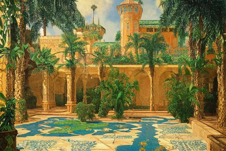 Image similar to painting of a beautiful moorish palace courtyard garden, by arkady rylov and rudolf ernst and maxfield parrish, patterned tilework, palm trees, tiled fountains, extremely detailed, cinematic lighting, smooth sharp focus