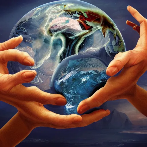 Image similar to two demonic hands hold planet earth, artstation