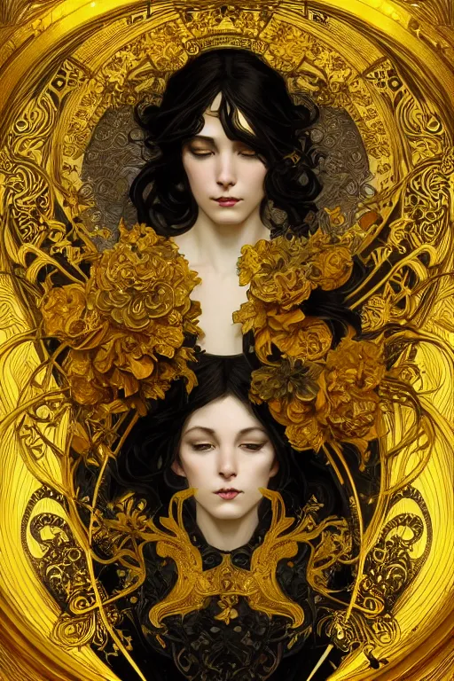 Image similar to beautiful black yellow, complicated gold the baroque style decoration, dark fantasy, intricate, elegant, highly detailed, digital painting, artstation, concept art, matte, 3 d 8 k octane rendered, sharp focus, illustration, octane rendered, art by artgerm and alphonse mucha, leesha hannigan, ross tran