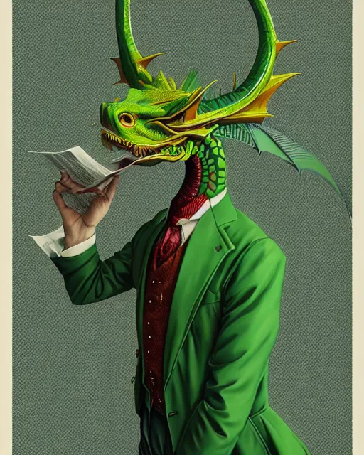 Image similar to anthropomorphic art of a businessman dragon, green dragon, portrait, victorian inspired clothing by artgerm, victo ngai, ryohei hase, artstation. fractal papers, newspaper. stock certificate, highly detailed digital painting, smooth, global illumination, fantasy art, jc leyendecker