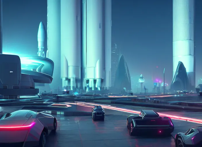 Image similar to futuristic colony, blade runner 2 0 4 9 city architecture, spacex starship rocket launch site, environmental lighting, stromy weather, ray tracing, people walking in street, amazing view, futuristic, highly detailed, heavy traffic, neon shops, octane render, unreal engine 5, 4 k